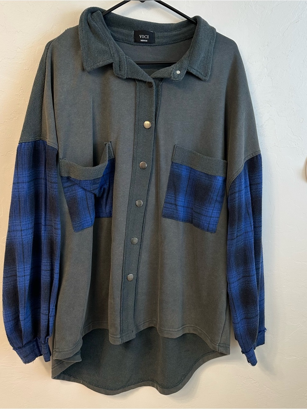 Vici Slate Gray Knit-Trim Button Front Top
